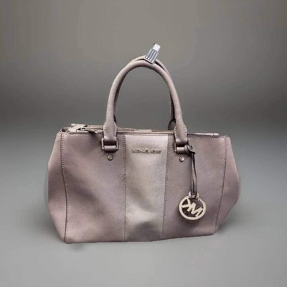 Michael Kors Gray Satchel Bag Logo Charm Double Handles Zipper Silver Hardware